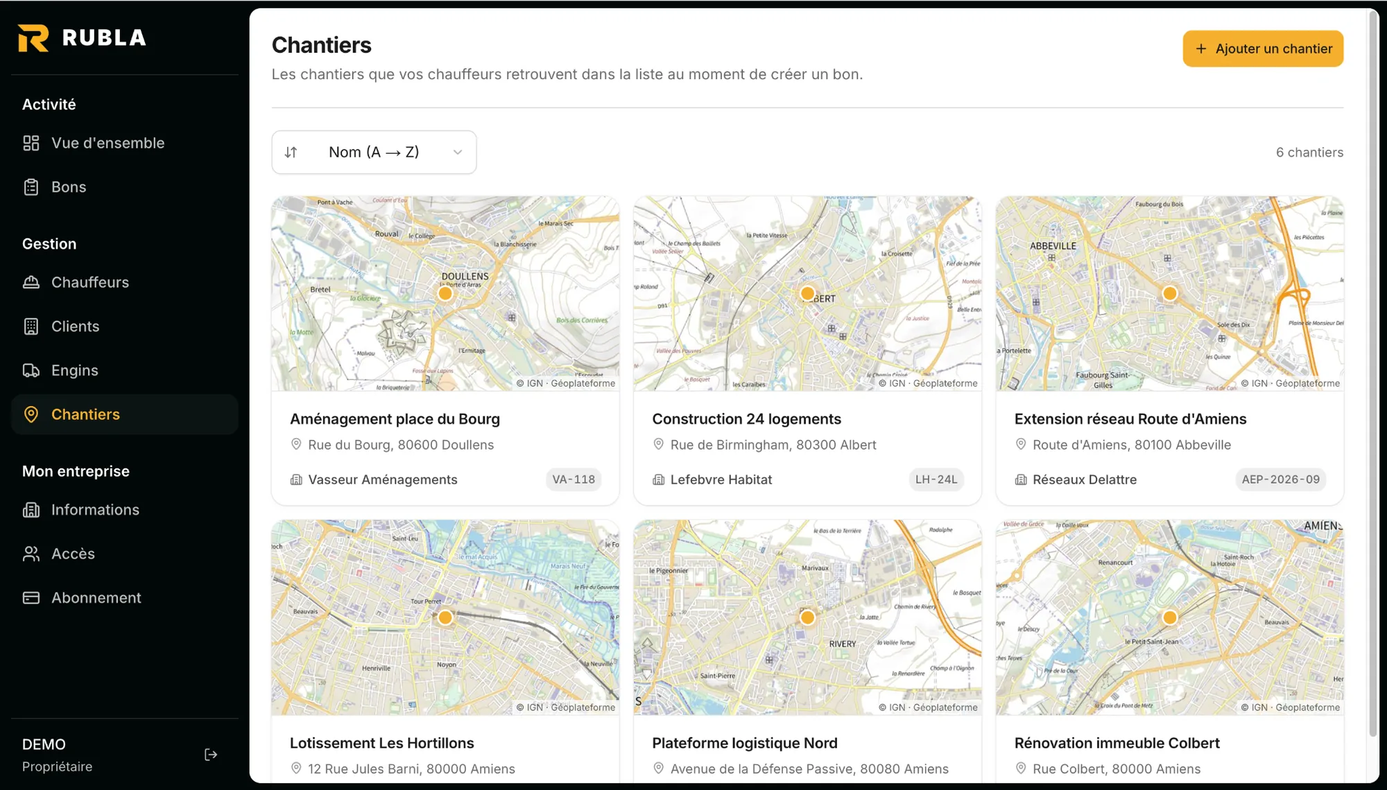 Le back-office RUBLA : la liste des chantiers de l'entreprise, chacun sur sa carte.