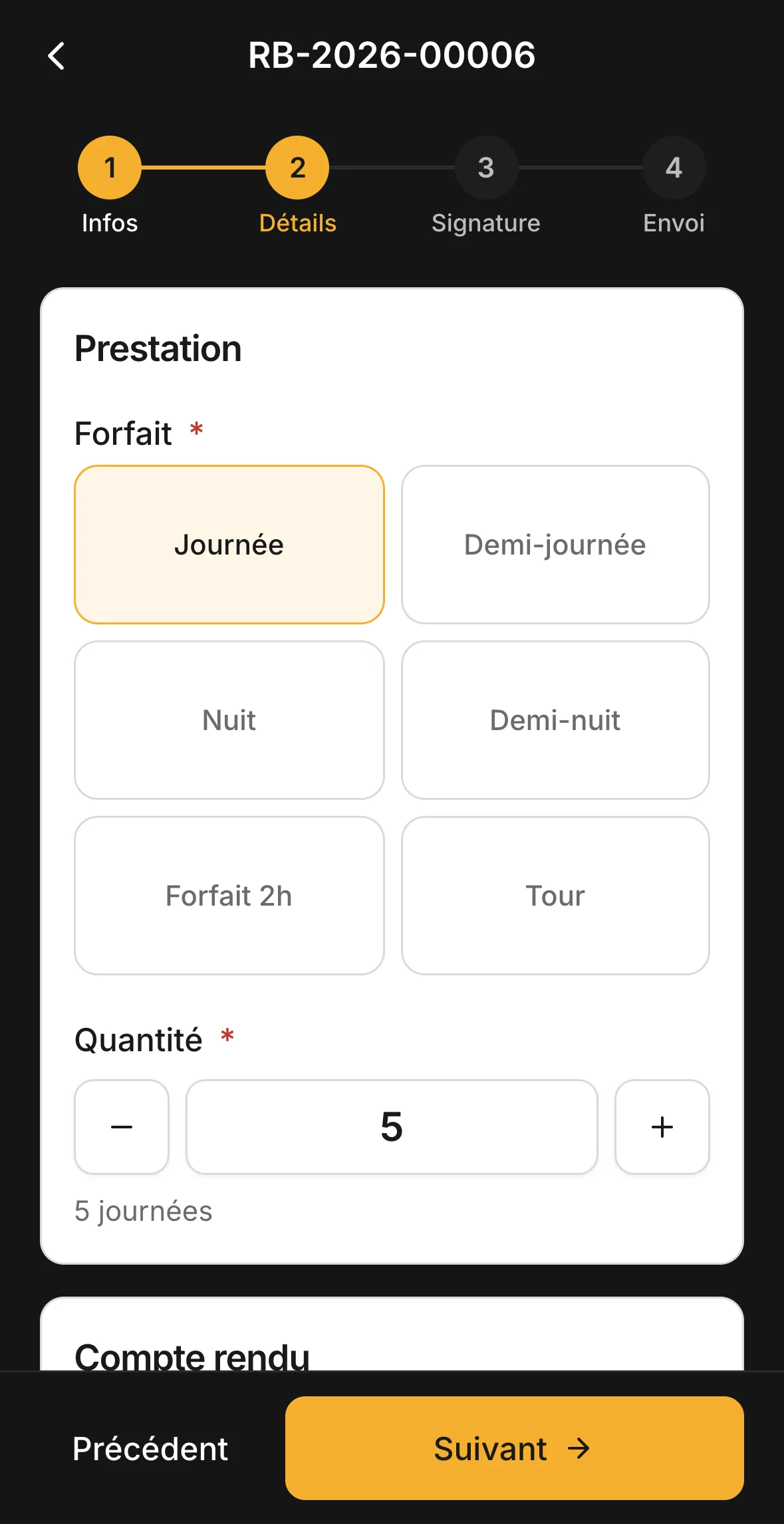 Étape Détails : le forfait choisi parmi les six, et la quantité.