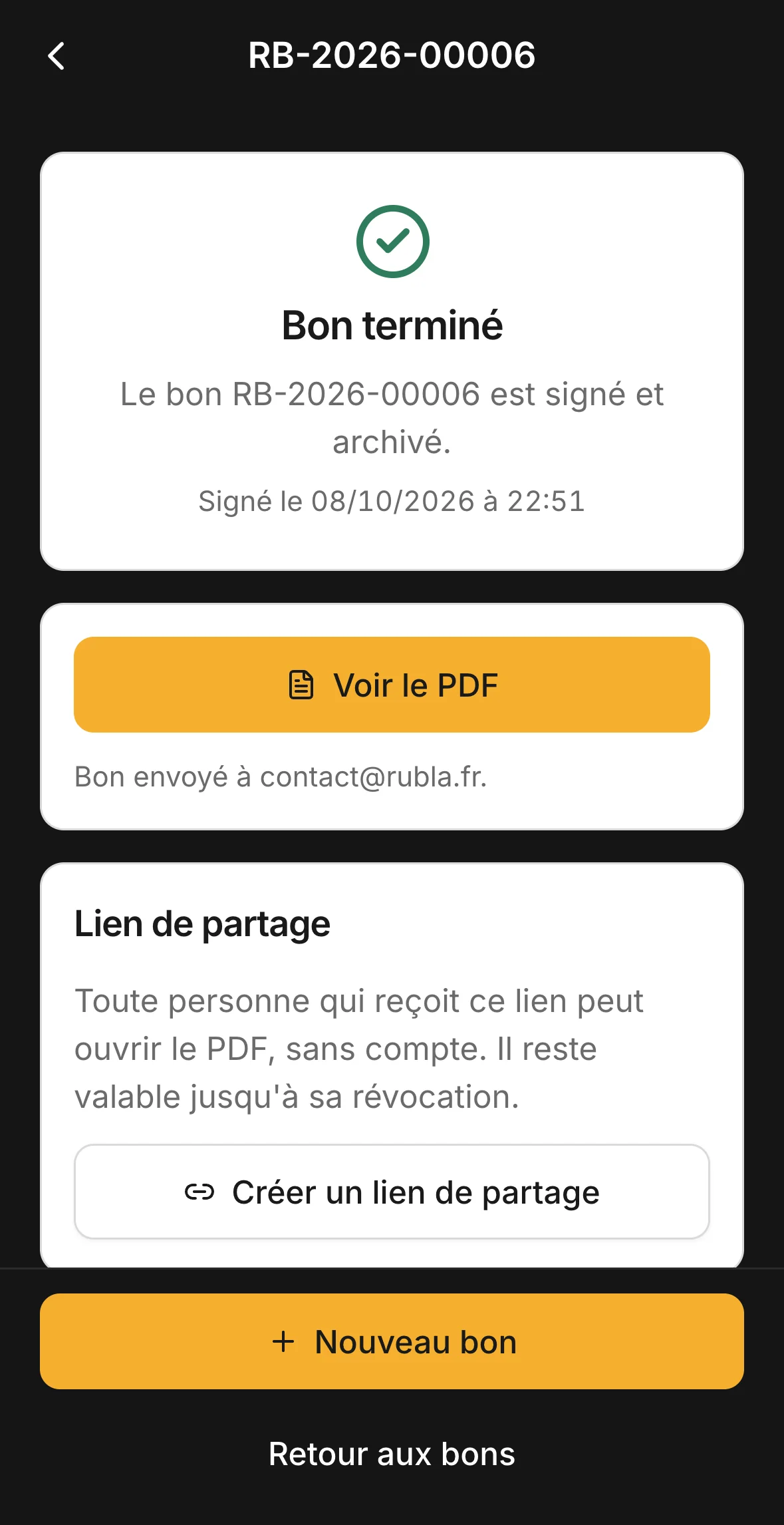 Le bon terminé : le PDF est prêt et envoyé au client.
