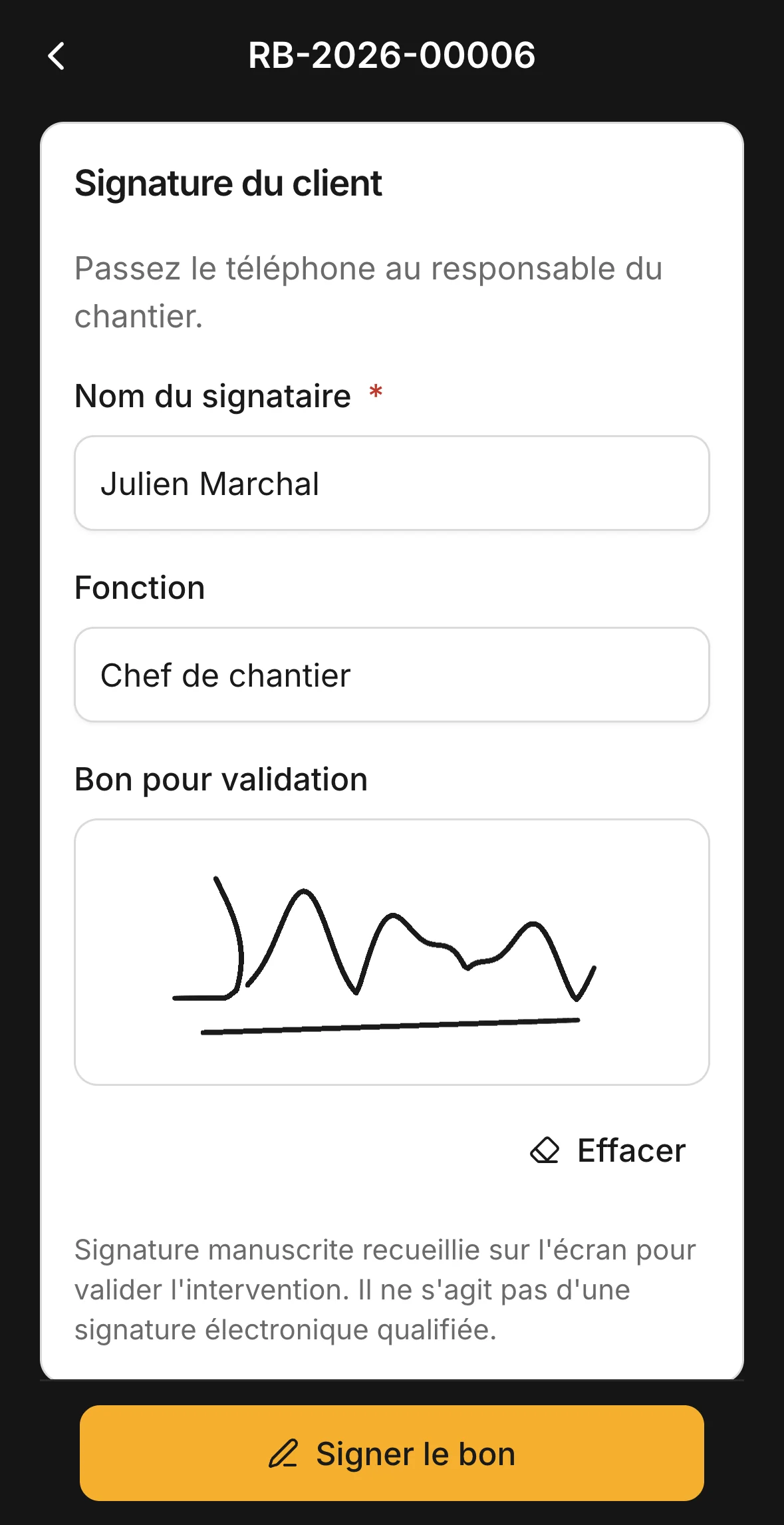 Étape Signature : le récapitulatif du bon et la signature du client.